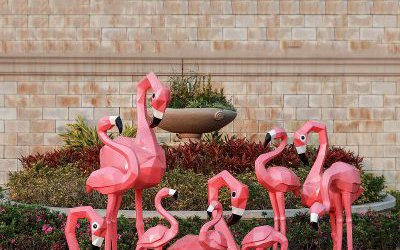 別墅幾何玻璃鋼彩繪火烈鳥(niǎo)雕塑